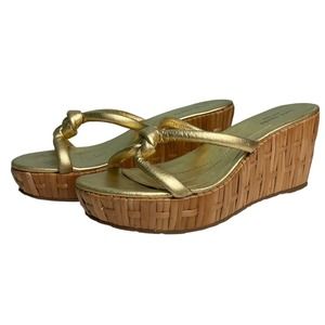 Kate Spade Gold Knotted Bamboo Wedge Sandals | Size 9